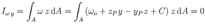 $\displaystyle I_{\omega\hspace*{2pt}y} = \int_{A}\omega\hspace*{2pt}z\hspace*{2...
...y} - y_{P}\hspace*{1pt}{z} +C \right)\hspace*{1pt}z\hspace*{2pt}\mathrm{d}A = 0$