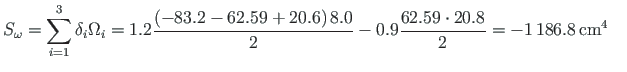 $\displaystyle S_{\omega} = \sum^{3}_{i=1}\delta_{i}\Omega_{i} = 1.2\frac{\left(...
...2} - %\cdot
0.9\frac{62.59\cdot 20.8}{2} = -1{\,}186.8{\,}\mathrm{cm^{4}} \quad$