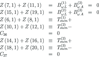 \begin{displaymath}\begin{array}{lclcl}
Z\left(7,1\right) + Z\left(11,1\right) &...
...\left( 3\right)}_{sum} - & & \\
C_{27} & = & 0 & &
\end{array}\end{displaymath}