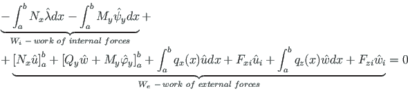 \begin{displaymath}
\begin{array}{l}
\underbrace{ - \int_{a}^{b}N_{x}\hat{\lambd...
... of\hspace*{3pt} external\hspace*{3pt} forces } = 0
\end{array}\end{displaymath}