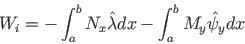 \begin{displaymath}
W_{i}= - \int_{a}^{b}N_{x}\hat{\lambda}dx - \int_{a}^{b}M_{y}\hat{\psi}_{y}{dx}
\end{displaymath}