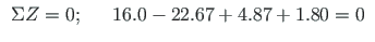 $\displaystyle \begin{array}{ccl}
\Sigma Z = 0; & & 16.0 - 22.67 + 4.87 + 1.80 = 0
\end{array}$