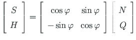 $\displaystyle \left[
\begin{array}{c}
S \\
H
\end{array}\right] =
\left[
\begi...
...s\varphi}
\end{array}\right]
\left[
\begin{array}{c}
N \\
Q
\end{array}\right]$
