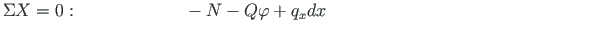 $\displaystyle \Sigma X = 0:{\qquad\qquad\qquad} - N - Q{\varphi} +
q_{x}dx {\qquad\qquad\qquad\qquad\qquad\qquad\qquad\quad}$