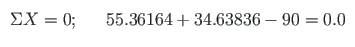 $\displaystyle \begin{array}{ccl}
\Sigma X = 0; & & 55.36164 + 34.63836 - 90 = 0.0 % {{\;}=\hspace*{-1pt}?{\;}} 0 \vspace*{2mm} \\
\end{array}$