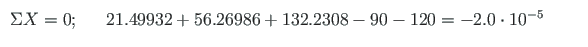 $\displaystyle \begin{array}{ccl}
\Sigma X = 0; & & 21.49932 + 56.26986 + 132.2308 - 90 -120 = -2.0\cdot 10^{-5}
\end{array} \qquad$