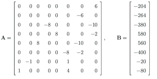 $\displaystyle \mathbf{A}= \left[ \begin{array}{rrrrrrrr}
0 & 0 & 0 & 0 & 0 & 0 ...
...264 \\
-380 \\
580 \\
560 \\
-400 \\
-20 \\
-80
\end{array} \right]
\quad$